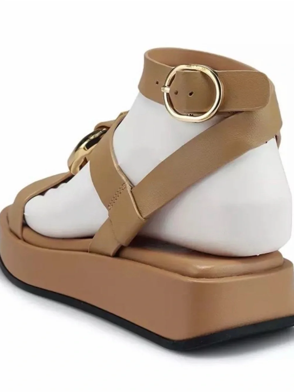 Zara Tan Leather Platform Sandals with Gold Ring Detail - Picture 2 of 9